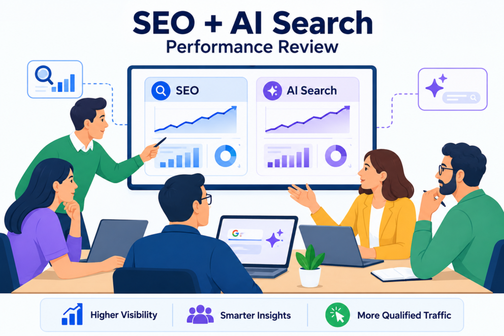 Marketing team reviewing SEO and AI search performance together
