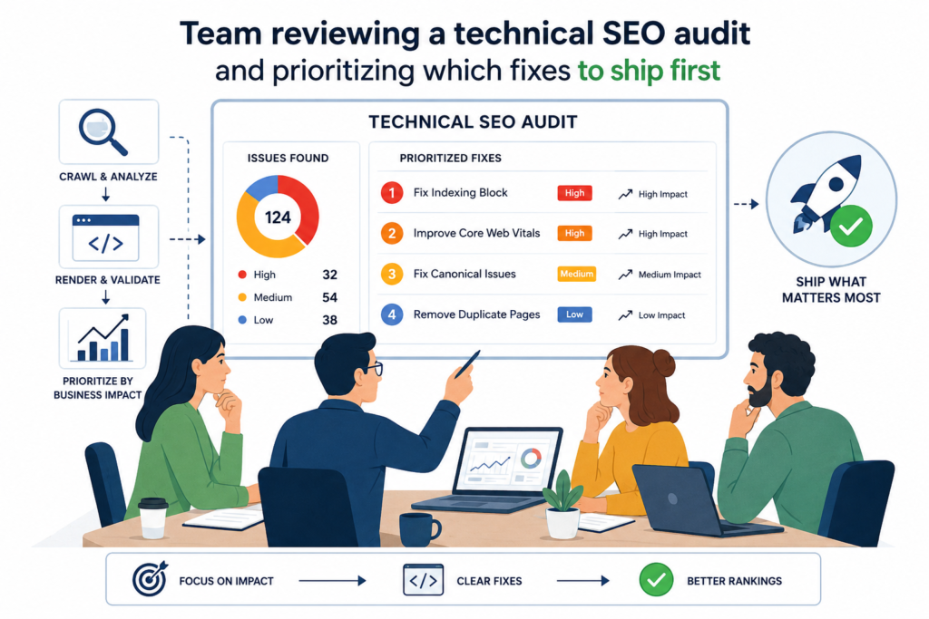 Team reviewing a technical SEO audit report and prioritizing which fixes to ship first